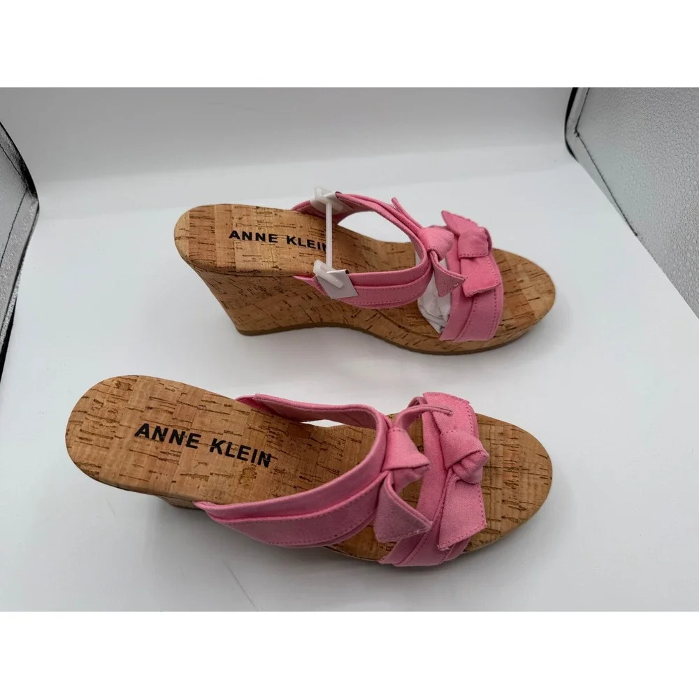 Anne Klein Pink Bow Cork‎ Wedge Sandals Womens Platform Slide Mules